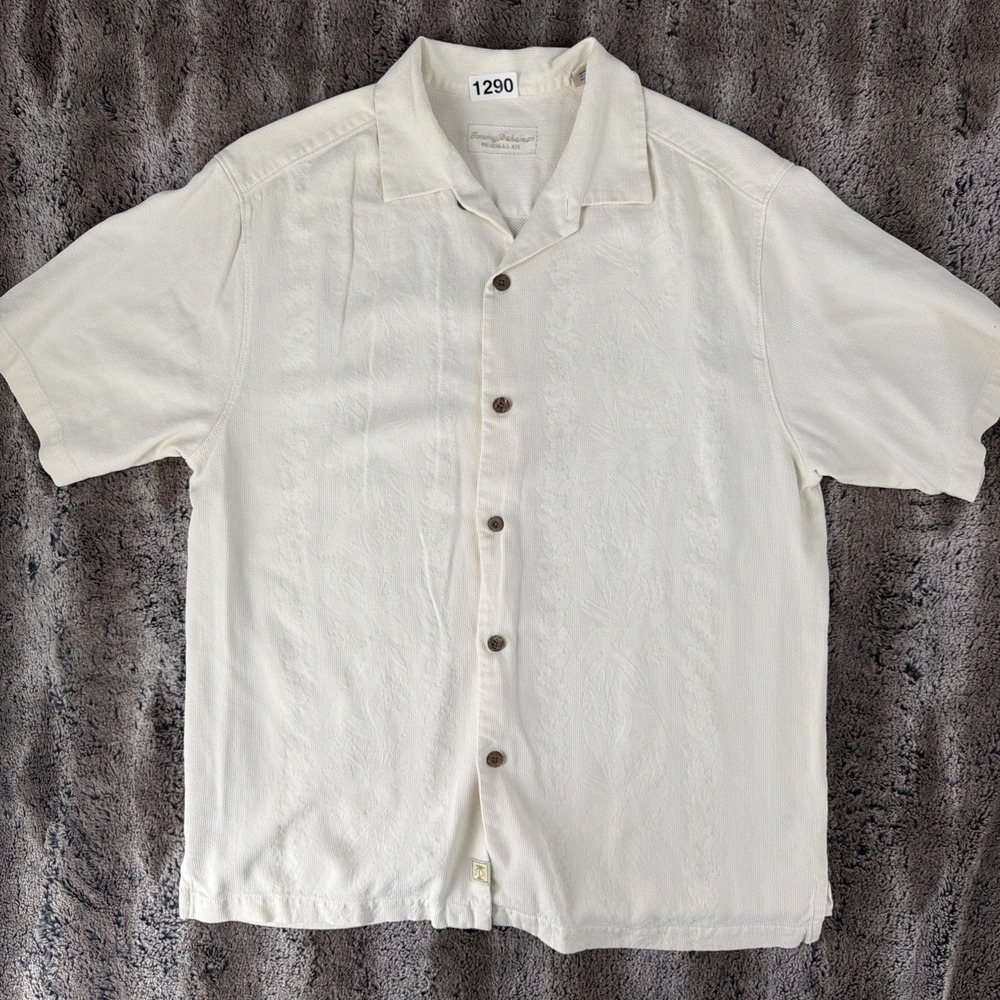 Tommy Bahama Mens Ivory Silk Button Up Short Sleeve Shirt Embossed Tropical Lg